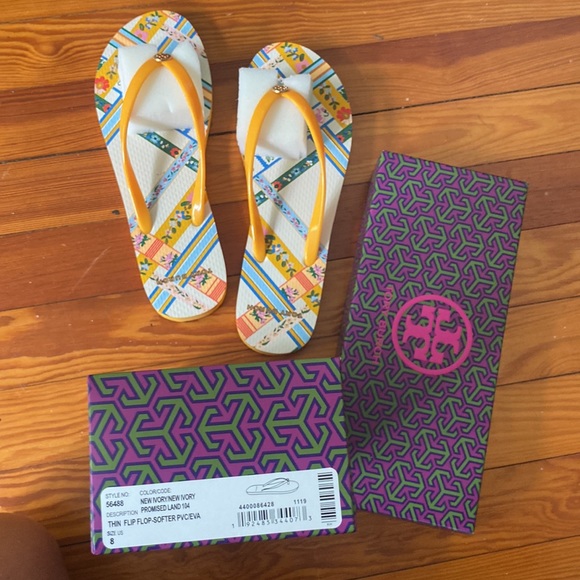 Tory Burch Yellow & White Garden Flip Flops - Picture 5 of 6